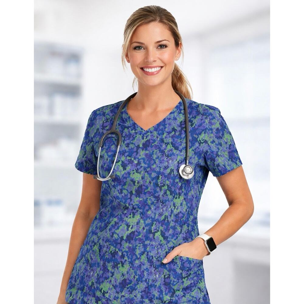 Carhartt Liberty Womens Scrub Top Small Blue Purple Green Abstract Camo C12214